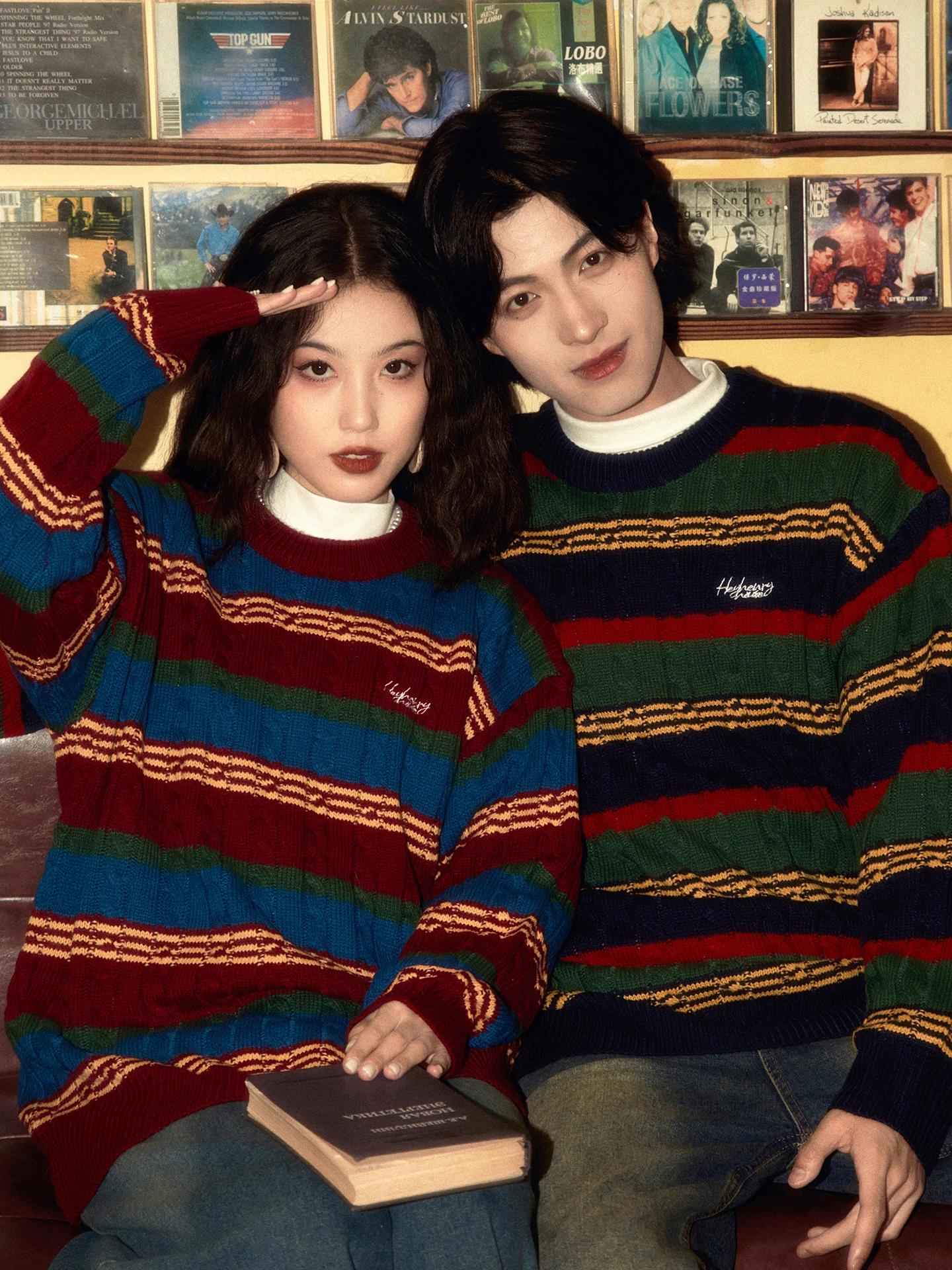 Autumn Winter New Retro Style Men's Red Yellow Spliced Knit Sweater Couple Outfit Loose Casual Green Black Striped Sweater