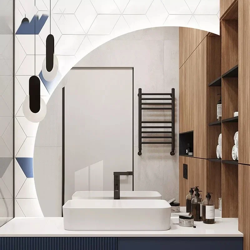مرآة جمالية خفيفة تصميم غير منتظم جدار لاصق الغرور مرآة حمام ذكية تصميم حمام كبير Espelho الديكور HX50DM