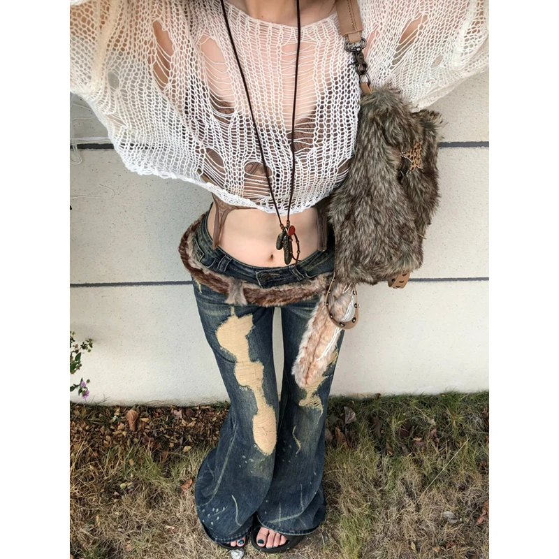 

Y2K Women Vintage Washed Ripped Jeans American Retro Low Rise Slim Denim Pants Streetwear 2000s 90s Trousers Bell Bottom