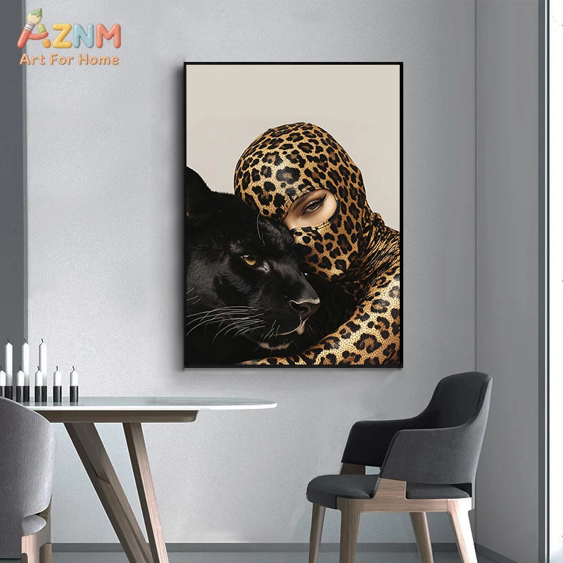 AZNM Modern Leopard Cheetah Black Panther Canvas Wall Art, Wild Animal Portrait Print, Frameless Luxury Fierce Big Cat Canvas Pa