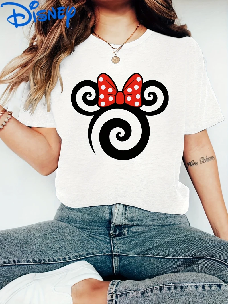 

Disney Minnie Red Polka Dot Bow and Whirlpool Printed Short Sleeve T-shirt - Classic Cartoon Pattern T-shirt Summer Casual