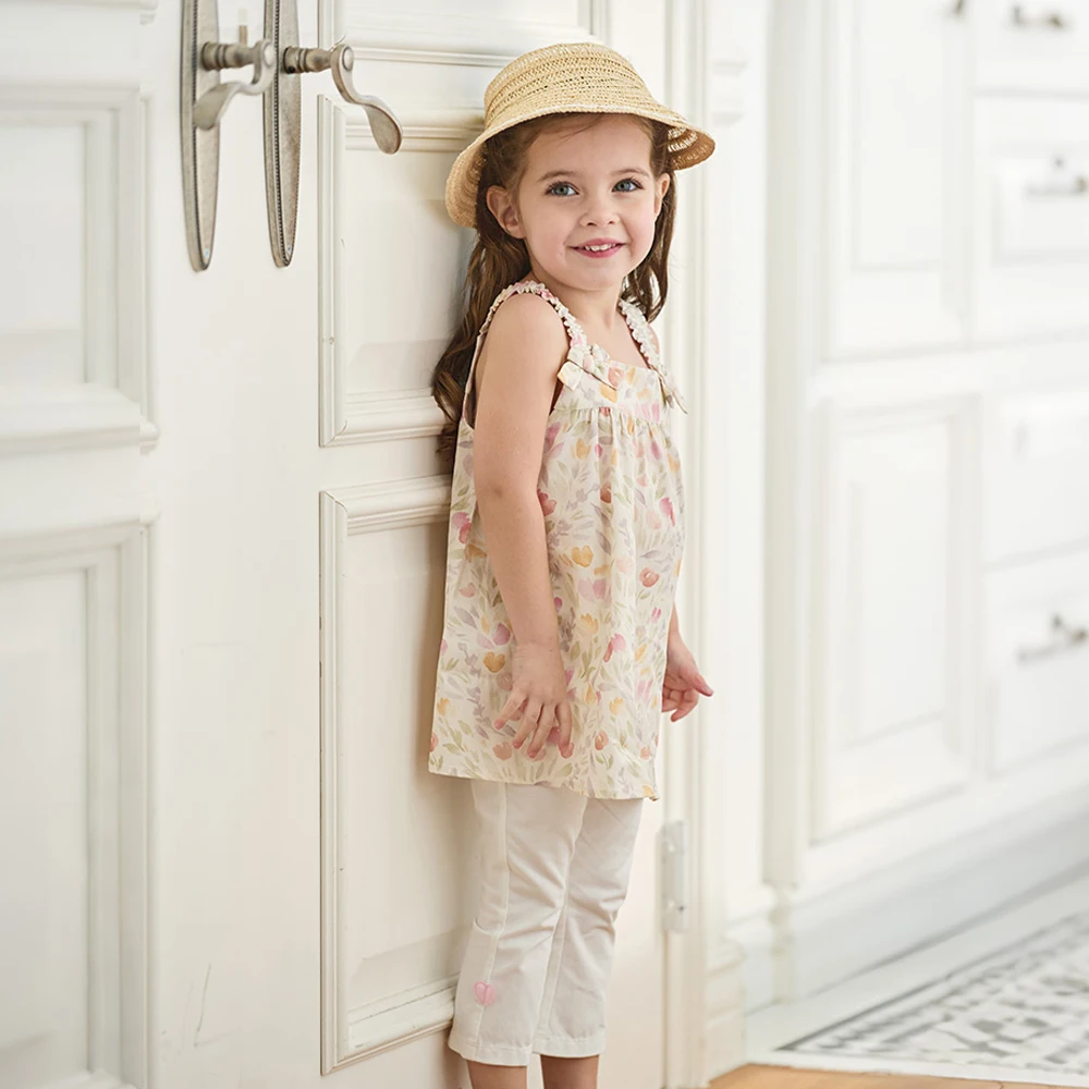 Dave Bella Girls Summer 2PCS Set Flower Sleeveless T-shirt Pants Suits Childern Printed Tops Trousers Clothing Sets DB2262278﻿