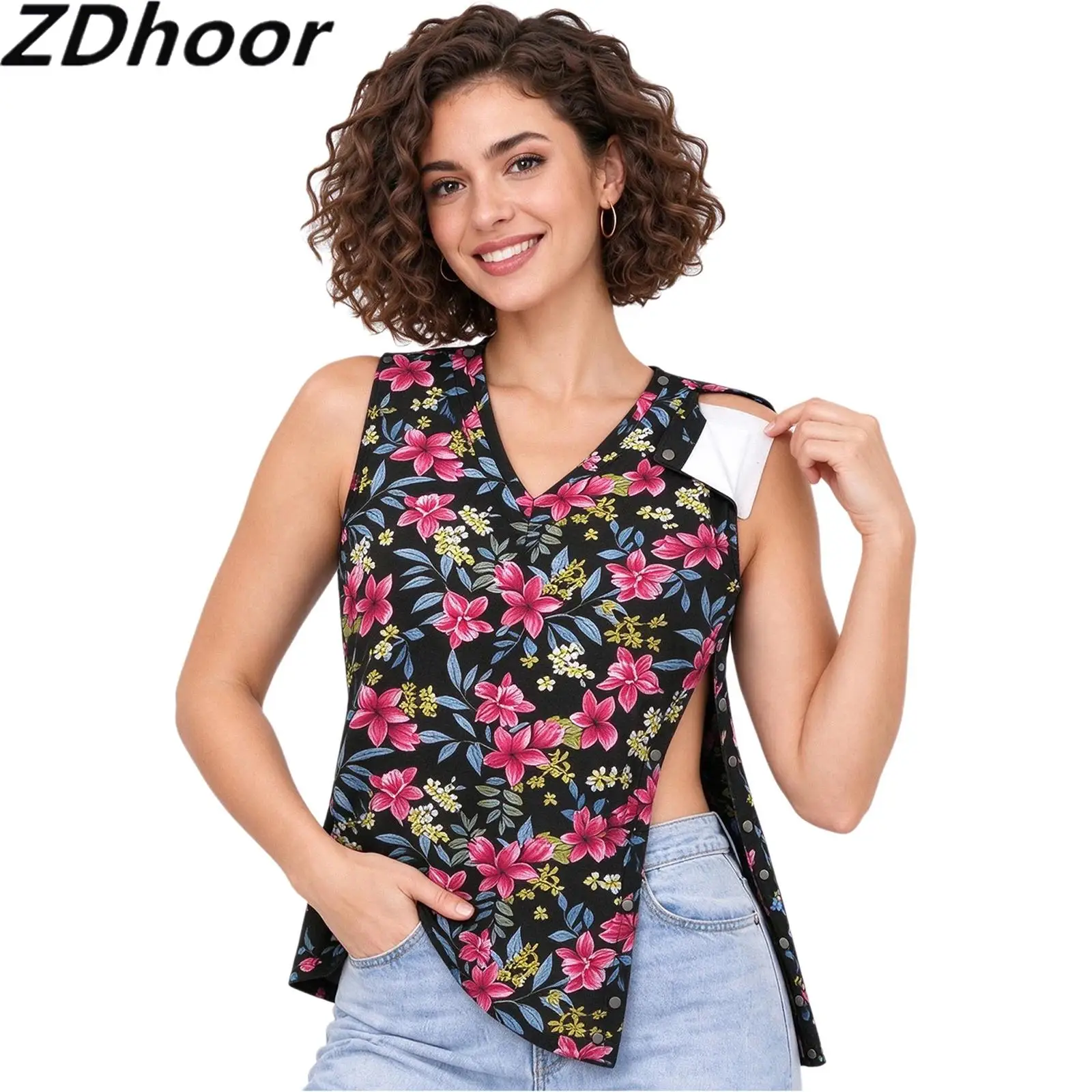 Women Post-surgery Adaptive Shirt V-neck Sleeveless Press Buttons Shoulders Sides Printed Top for Postoperative Recovery