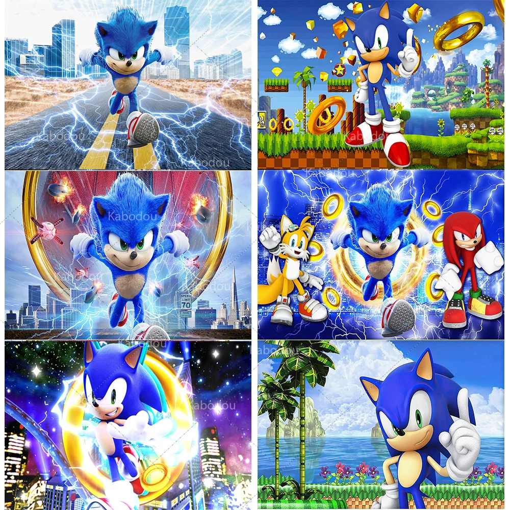 Sonic Birthday Party Background Decor Boy Kid Birthday Party Blue Running Hero Theme Photography Backdrop Cloth Banner Vinyl