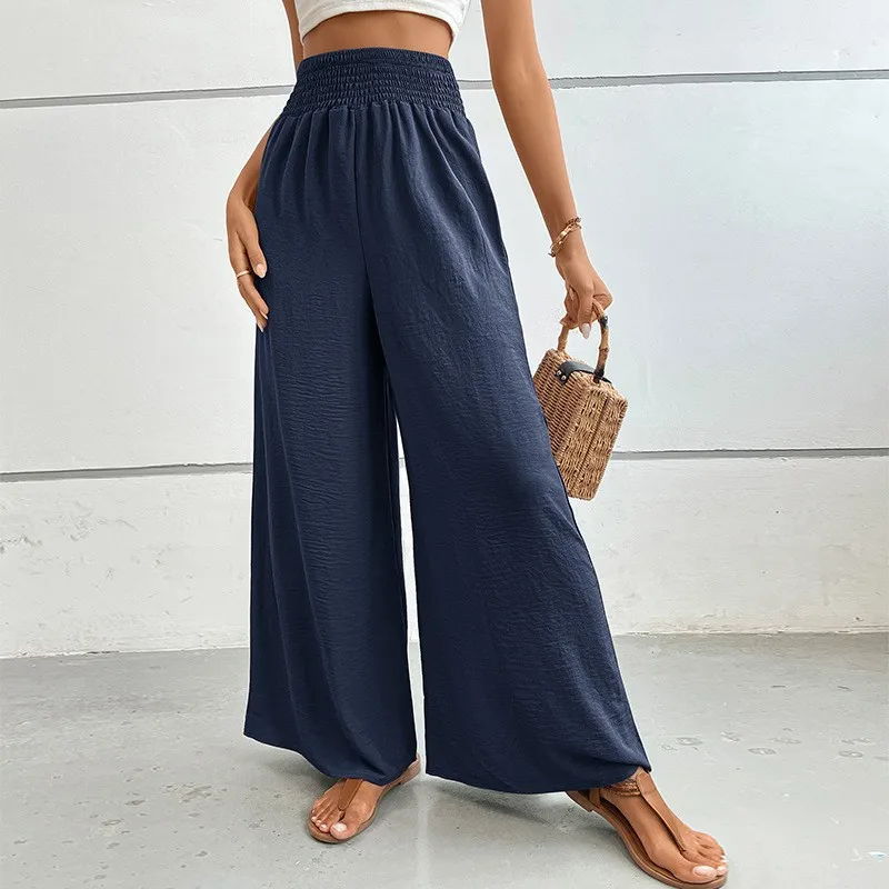 

Women Baggy Pants Flared Full Length Trousers Navy Blue Mid Waist Wide Leg Pants Elastic Waist Pleated Detail Summer Pants