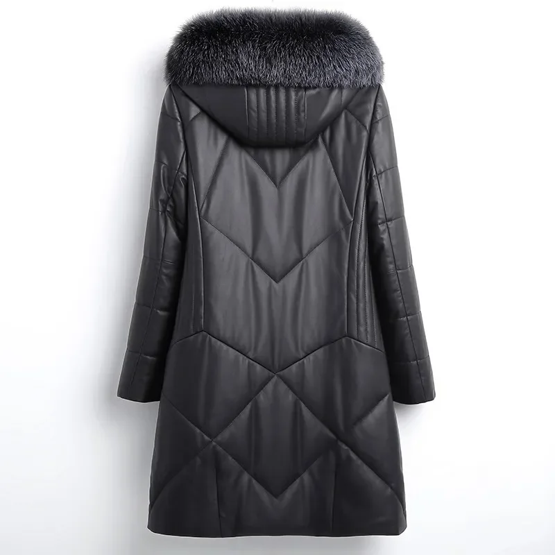 New Winter Chic Pu Leather Down Cotton Jacket cappotto da donna cappotto Parka caldo spesso lungo Plus Size 5XL cappotto con cappuccio in pelle di pecora