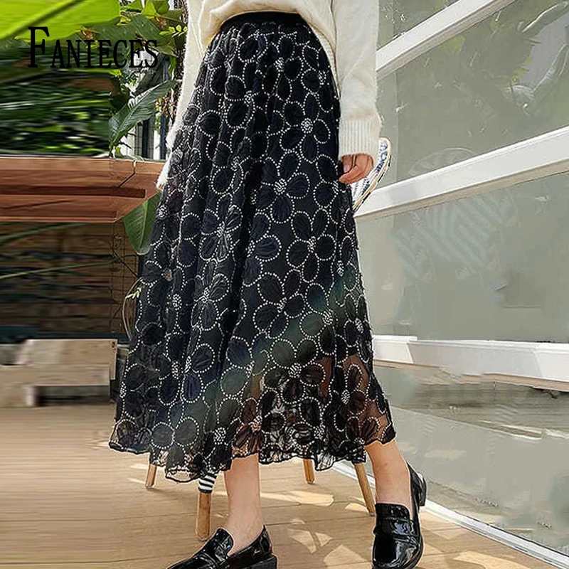 FANIECES Sequin Gauze A-line Skirt High Waist Elastic Elegant Office Lady Tulle Long Skirts Summer Fashion Streetwear Faldas 스커트