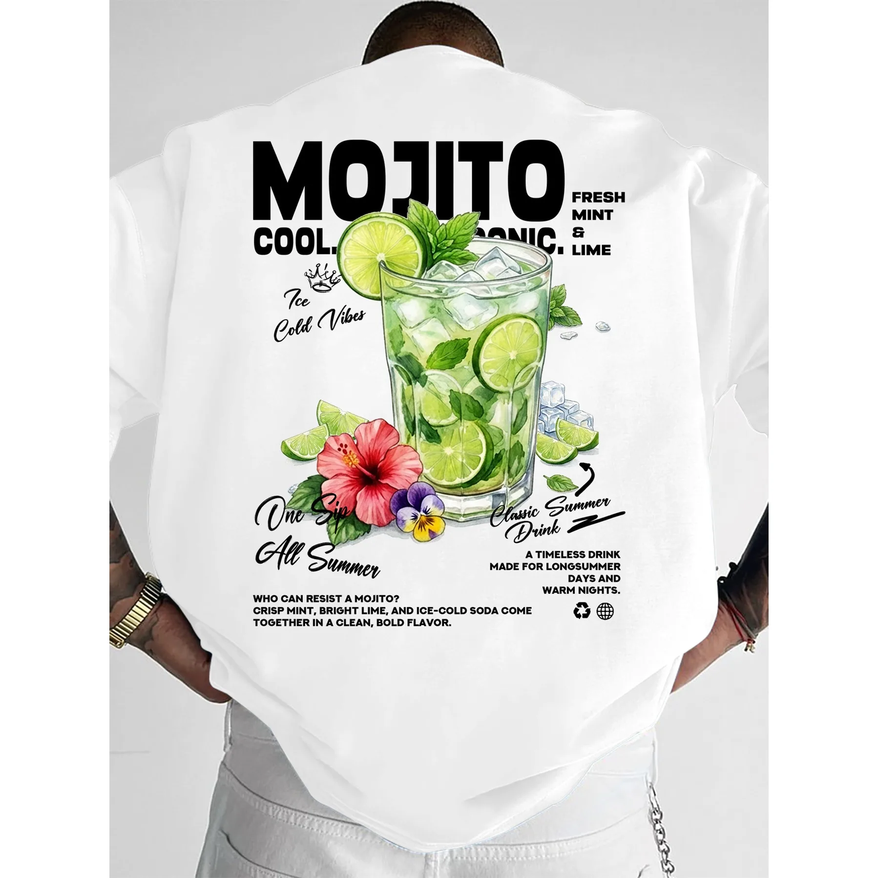 Mojito-Motivmuster Herren-Sommer-T-Shirt, trendig und vielseitig, modisch, bequem, geeignet für den täglichen Gebrauch, 100 % reine Baumwolle