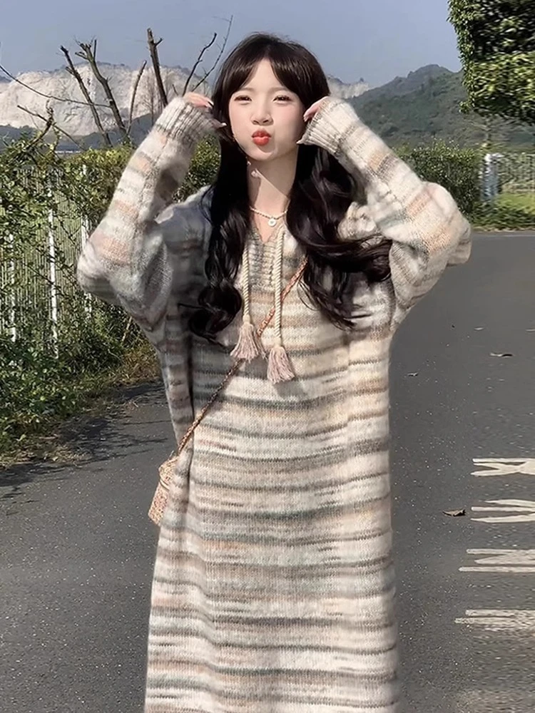 Abiti a maniche lunghe con cappuccio Donna Stile coreano lavorato a maglia tenero a righe Moda Temperamento pigro Vacanza College Casual Quotidiano Morbido