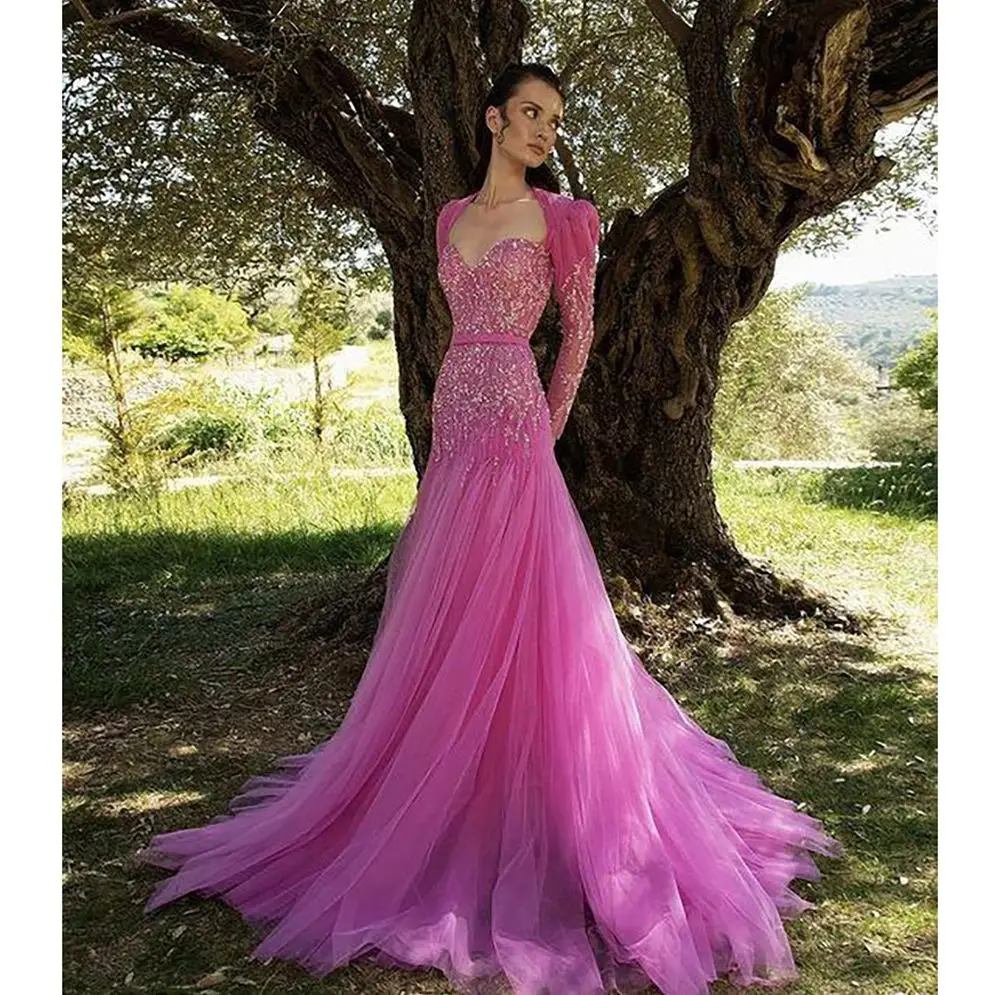 

Pink Slim Scoop Neck Long Sleeves Evening Dress With Belt New Fashion Female Formal Banquet Party Prom Gowns