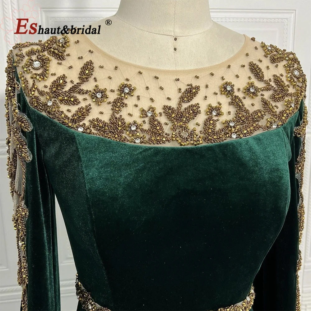 Elegante Emerald Green Mermaid Avond Nacht Jurk Voor Vrouwen 2022 Lange Mouwen O Hals Fluwelen Formele Bruiloft Prom Partij Jassen