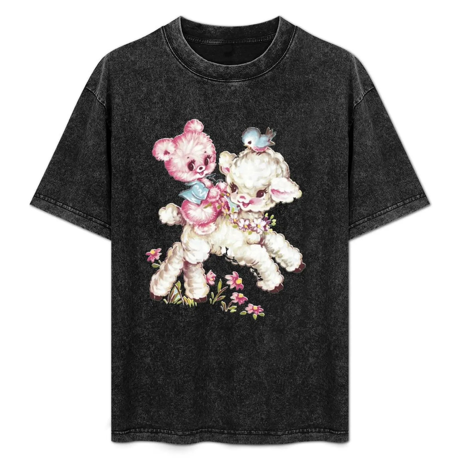 

Baby Teddy Bear & Lamb Vintage Animal Illustration T-Shirt customizeds funny meme t-shirts anime shirts men