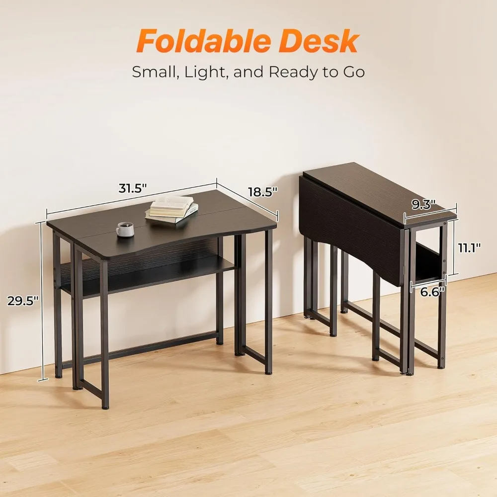 31.5 Inch Foldable Computer Desk with Storage Shelf, Space Saving for Small Spaces, Black