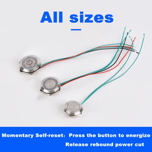Imagen 2 del producto Interruptor de botón de Metal con cables, 12/16/19/22/25/30MM, reinicio automático momentáneo, micro viaje corto, botón táctil fino 3V6V12V24V