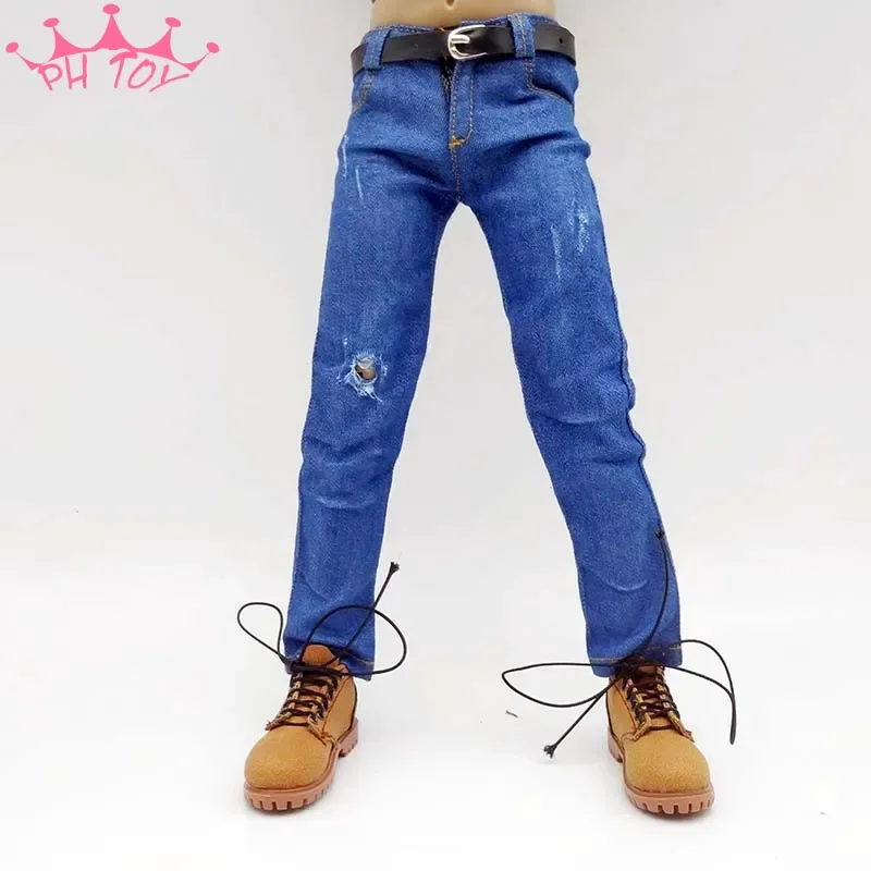 1/6 Scale Elastic Blue Ripped Jeans Denim Pants with Belt Model for 12in Male Soldier Ph Tbl Action Figure Accessory