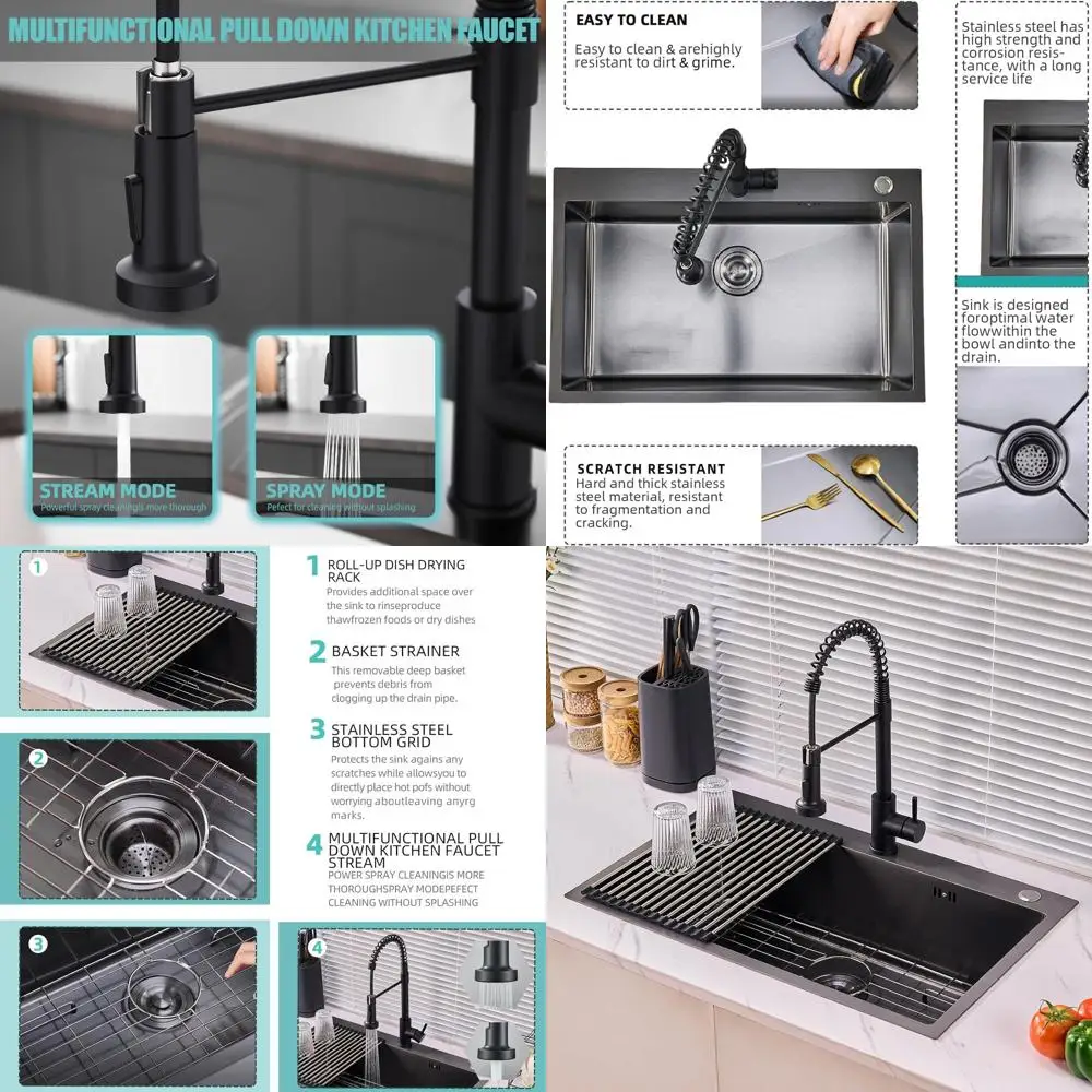

25 Inch Deep 9 Inch Handmade Overmount Kitchen Sink, Single Bowl, Black, T304 Stainless Steel with Accessories