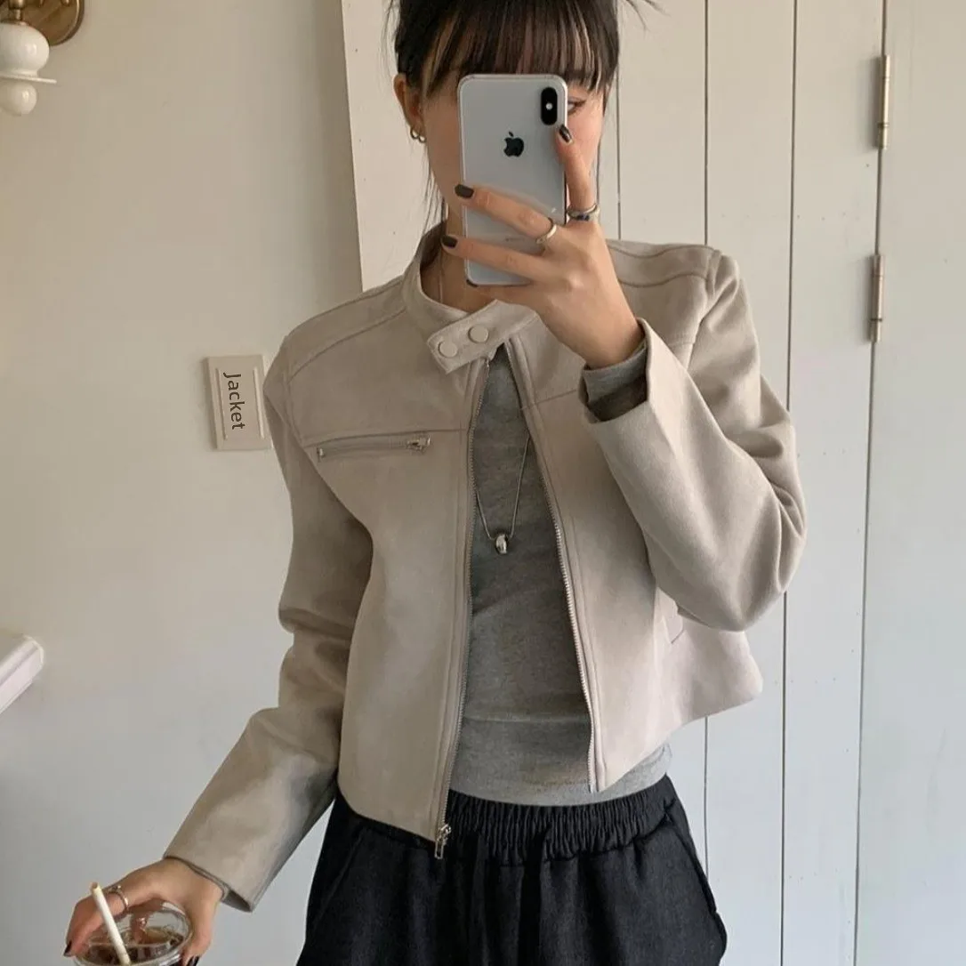 Or Biker Jaet da donna autunno inizio stagione versatile semplice eleganza colletto alla coreana vita alta ular top in pelle scamosciata