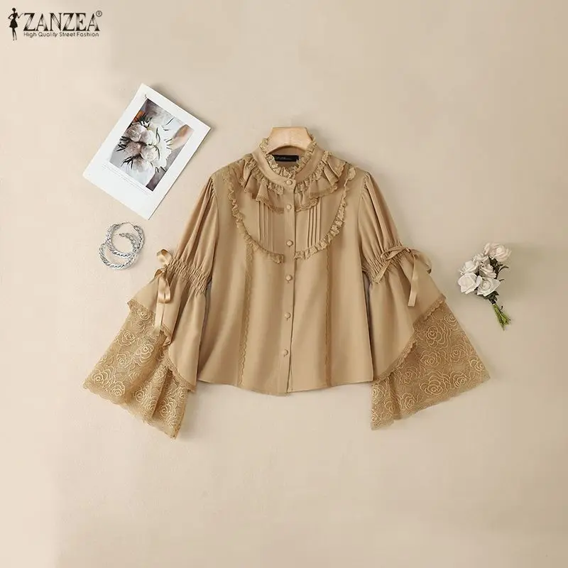 

Женские топы ZANZEA 2026: Элегантные рубашки с длинными расклешенными рукавами, кружевными вставками, повседневные офисные блузки свободного кроя для женщин