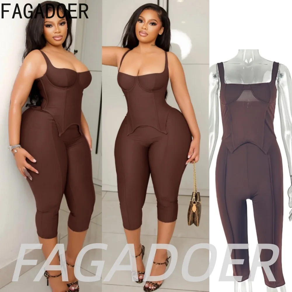 FAGADOER Sexy Brown Bodycon Two Piece Sets Summer Hot Girl Corset Off Shoulder Crop Top and Capri Pants Outfits Streetwear Suits