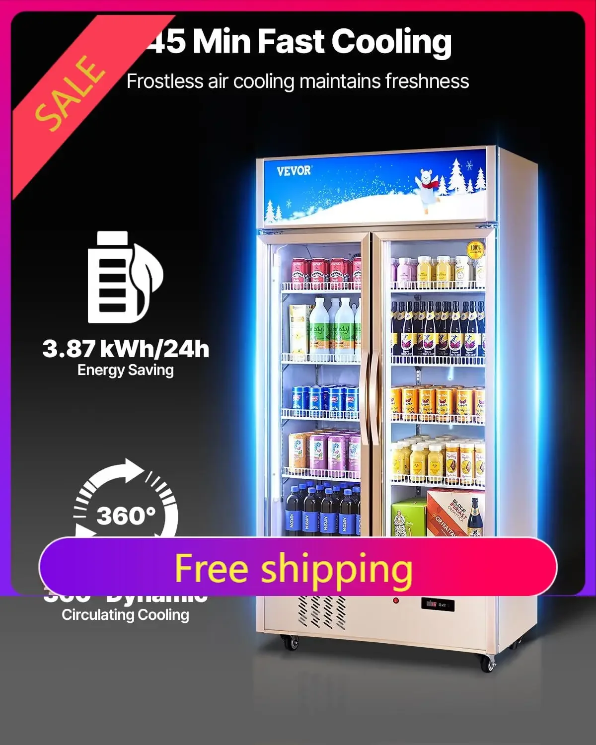 Commercial Merchandiser Refrigerator 2 Glass Doors, 23 Cubic Ft, Upright Display Beverage Cooler 79