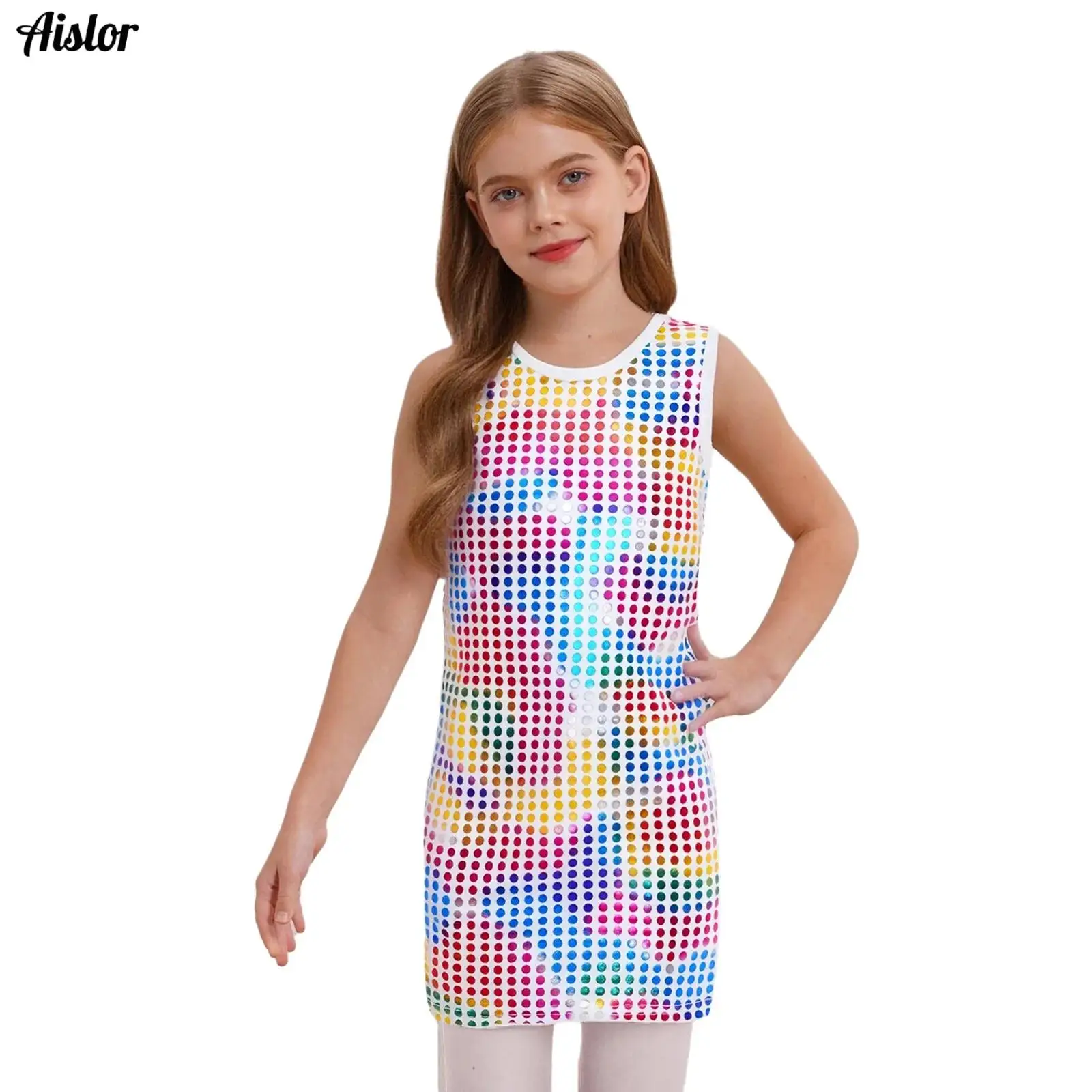 

Kids Girls Tank Dress Jazz Dance Dress Metallic Dots Round Neck Sleeveless A-line Dress 70s 80s Disco Dance Performance Costumes