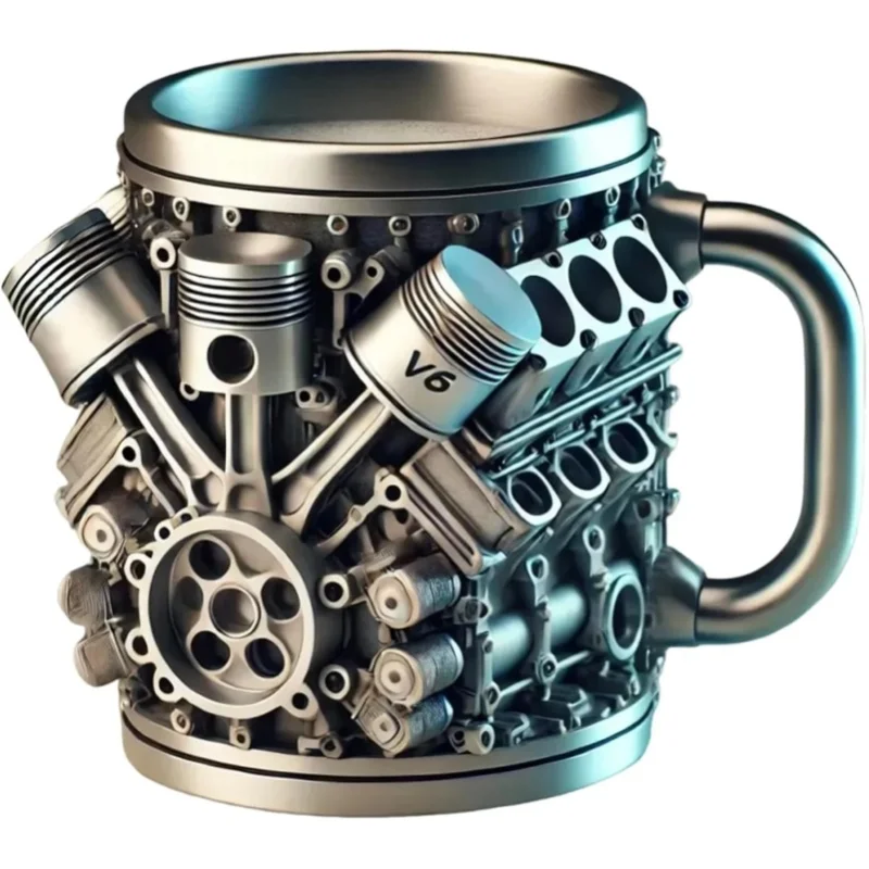 Kubek do kawy z motywem silnika V6, 300 ml, stal nierdzewna i żywica, design tłoka, prezent o tematyce motoryzacyjnej dla miłośników samochodów/mechaników, prezent na święta dla mężczyzn. — 2