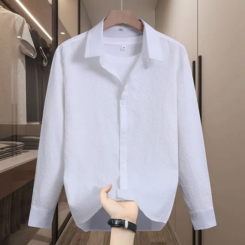 Men Wrinkle Resistant Seersucker Long Sleeve Shirt Textured Business Casual Top