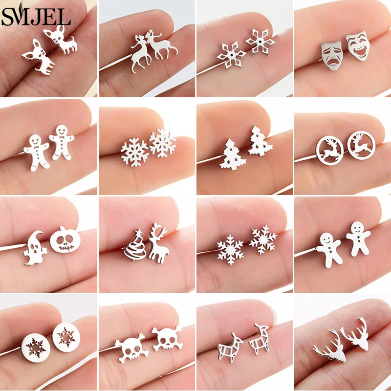 Minimalist Christmas Tree Earrings Studs for Women Girls Fashion Cute Antlers Snowflake Earing New Year Jewelry Pendientes Mujer