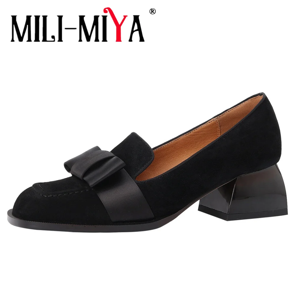 MILI-MIYA Women's Square-Toe High-Heel Shoes In Sheepskin With Bow Accents Comfortable Low-Heel Slip-On Casual Shoes For Ladies