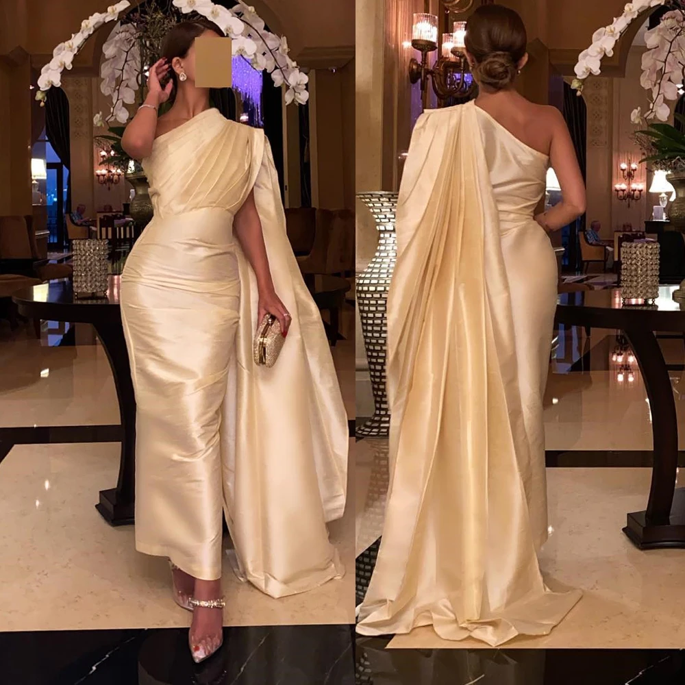 Customized Elegant One Shoulder Sexy Sheath Sleeveless Solid Color Backless Evening Dresses Satin Celebrity Banquet Dress فساتين