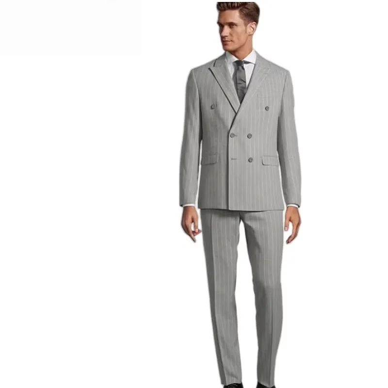 طقم بدلة مخططة ضيقة مزدوجة الصدر للرجال لملابس رسمية لحفلات الزفاف مناسبة للعمل (سترة + بنطلون) #2