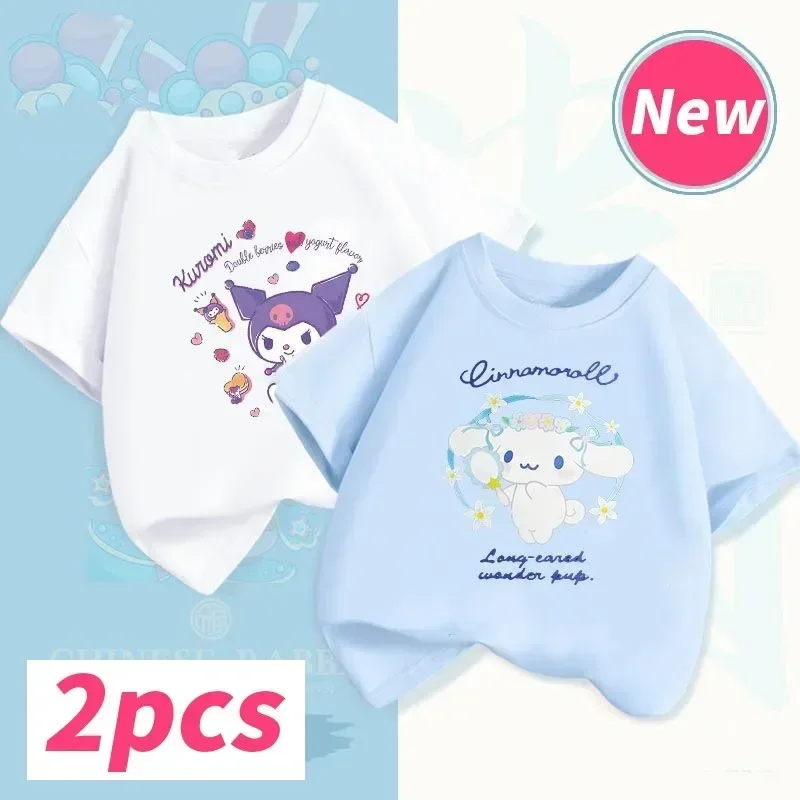 

Sanrio Kuromi Cinnamoroll Short Sleeve Kawaii Pure Cotton Printing Girl Cartoon Summer Loose Style Children Top Casual Clothes