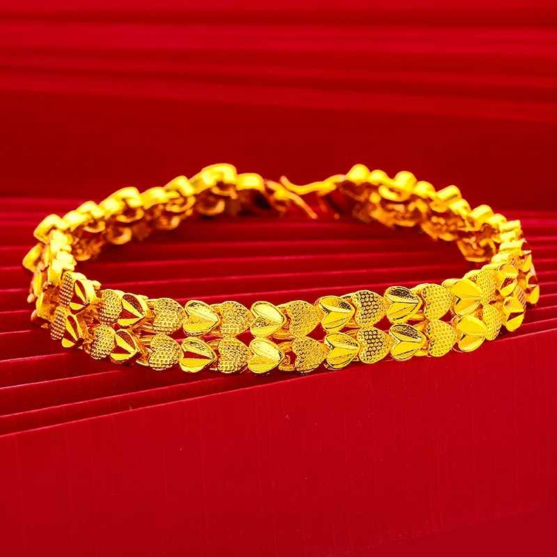 

Двухрядный браслет с сердечками для женщин, 24-каратное золото AU999, красивый и символичный подарок для признания в любви.