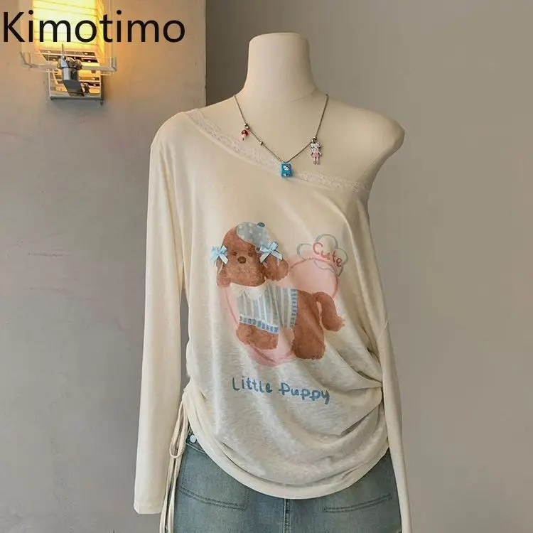 Kimotimo Cute Puppy Printed Patchwork Lace Off Shoulder Tops Women Summer Sheer Drawstring Long Sleeve T-shirt Sweet Y2k Tees