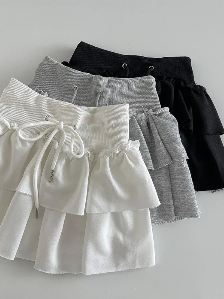 Fashion Casual Solid Elastic Waist Short Skirt Women Design Chic Loose Ruffle High Waisted Skirts Female Cute Thin Sports Skirt