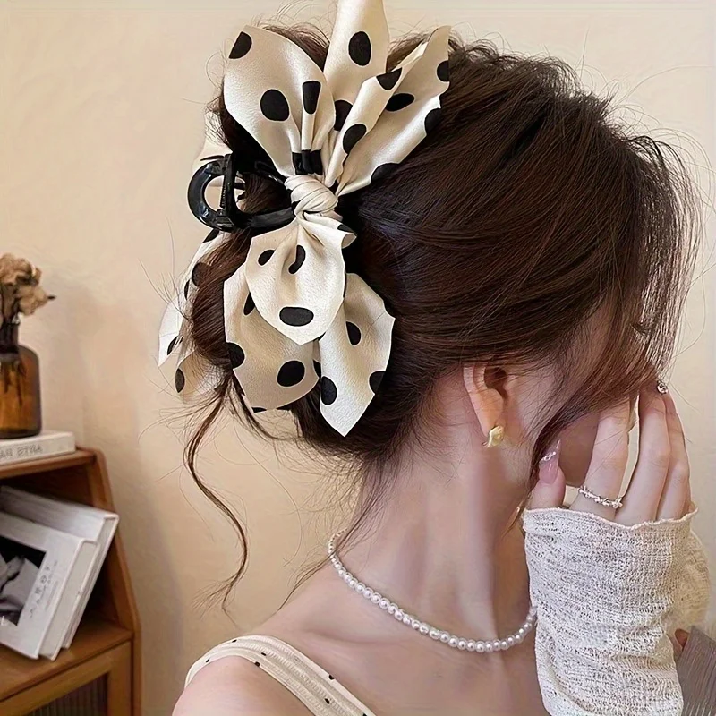 Light Luxury Bow Shark Clip,Classic Black and White Polka Dot Color Scheme, Adds Volume to the Back of the Head, High-End