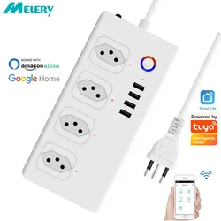 Melery WiFi Smart Power Strip 4 Way AC Brazil Plug Outlet USB Socket 1.5m Extension Cord Wireless Remote Alexa Tuya Google Home