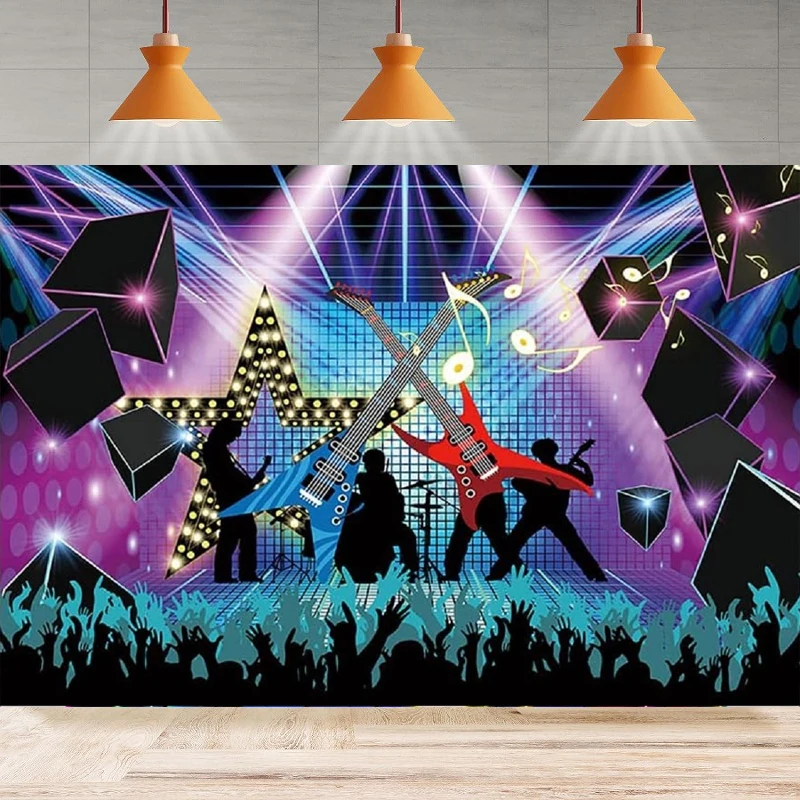 

Karaoke Photography Backdrop For Superstar Rock Star Vacation Background Rock N Roll Guitar Stage Light Concert Party Decoration