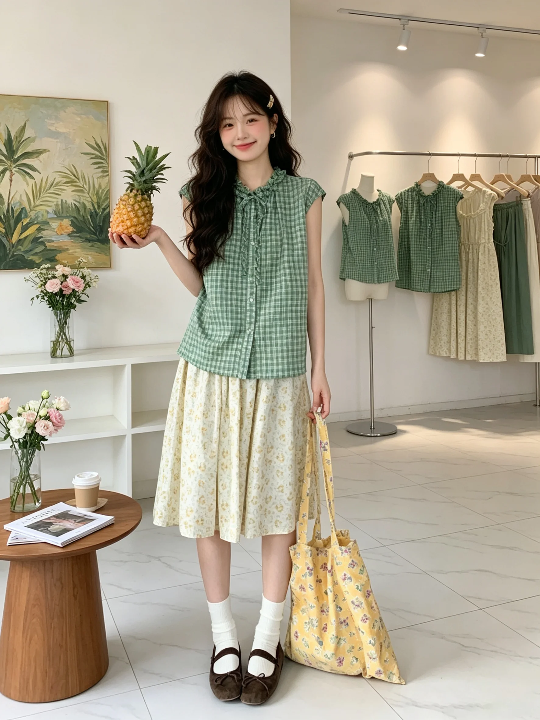 

Sweet Style Green Plaid Shirt Vest Women's Top Summer Floral Half Skirt Two-Piece Set High Waist Breathable Polyester Blend
