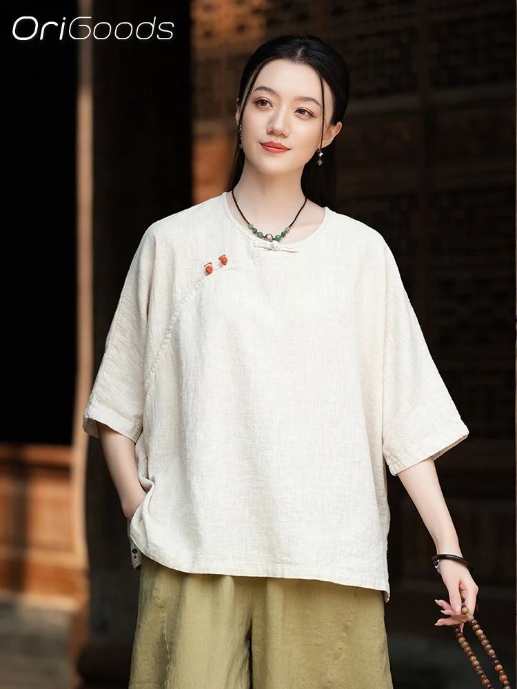 

OriGoods Short Sleeve Blouse Linen Oversized Summer Shirt Woman Chinese Traditional Clothes Loose Fit Linen Tops Tee Shirt C122