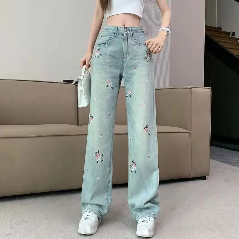 Women's 2024 Spring And Summer New Embroidered Wide Leg High Waist Loose Hot Drilled Floor Pants Dopamine Pants Jeans Feminino