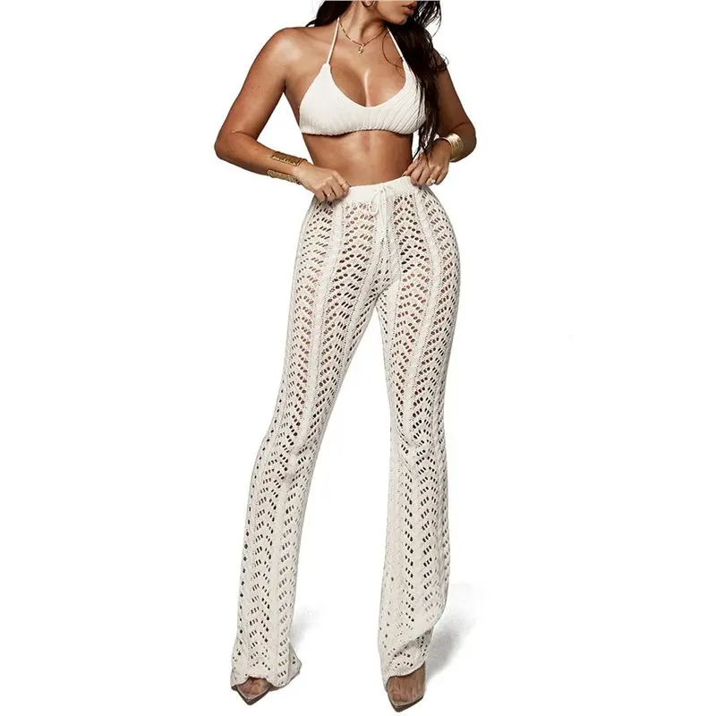 

CYL-Women's Beach Cover Up Pants Hollow Out Drawstring Elastic High Waist Bathing Suit Beach Pants