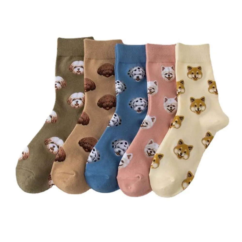 Calcetines de algodón con patrón de perro para mujer, medias de tubo medio, estilo universitario de Pomerania, Shiba Inu, dibujos animados, estilo coreano