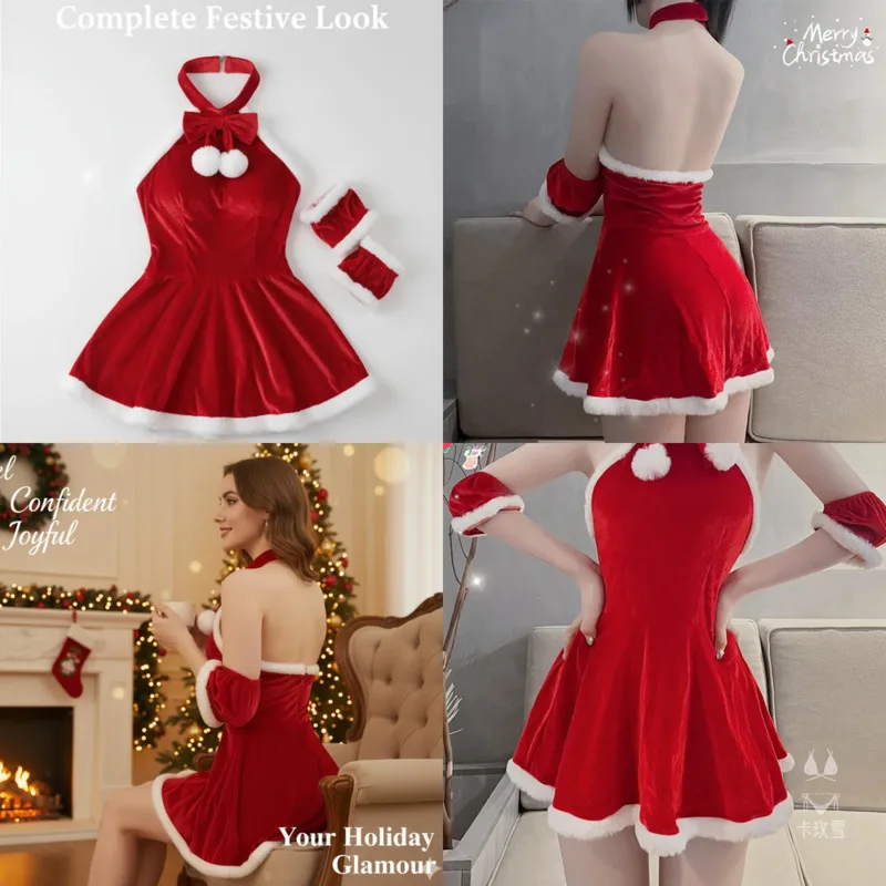 

Christmas Red Snowball Dresses Halter Dresses Women Sexy Backless Cute Pure Desire Holiday Outfit Loose A-Line Party Dresses New