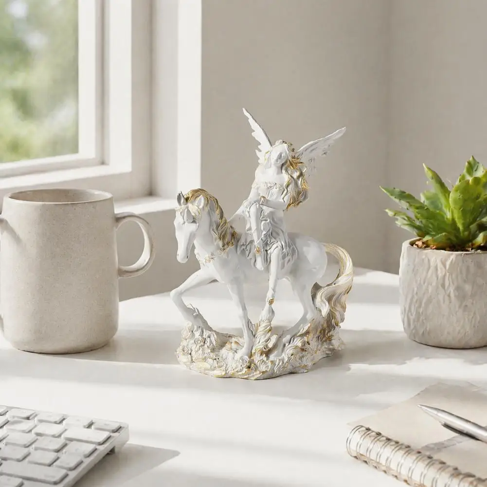 Warm Matte White Decor Angel Resin Figurine Winged Fairy Sculpture with Gold Trim Matte White Desk Decor Hand-painted for Women