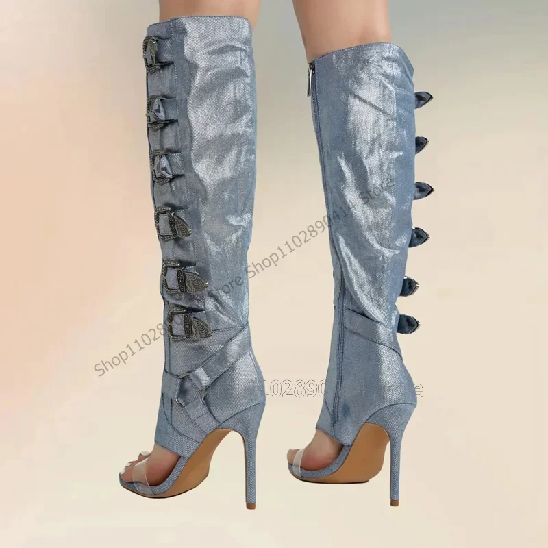 Sandalias de PVC con Hebilla Azul Cielo, Botas con Cremallera Lateral, Zapatos de Mujer con Tacones Altos Finos, Moda Fiesta 2026, Zapatos Para Mujer