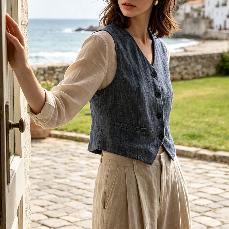Pure 100%  Linen Women Vest Old Money Style Casual Sleeveless Button Up Chic Office Lady Tops