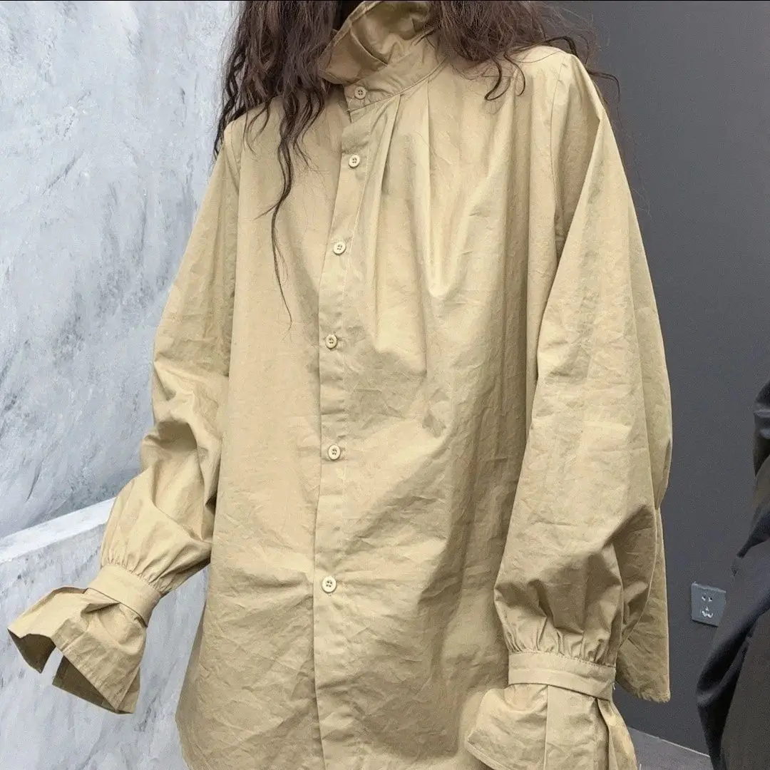 

2025 Early Spring New Fashionable Retro French Stand Up Collar Wrinkle Mushroom Edge Horn Sleeve Long Sleeve Shirt