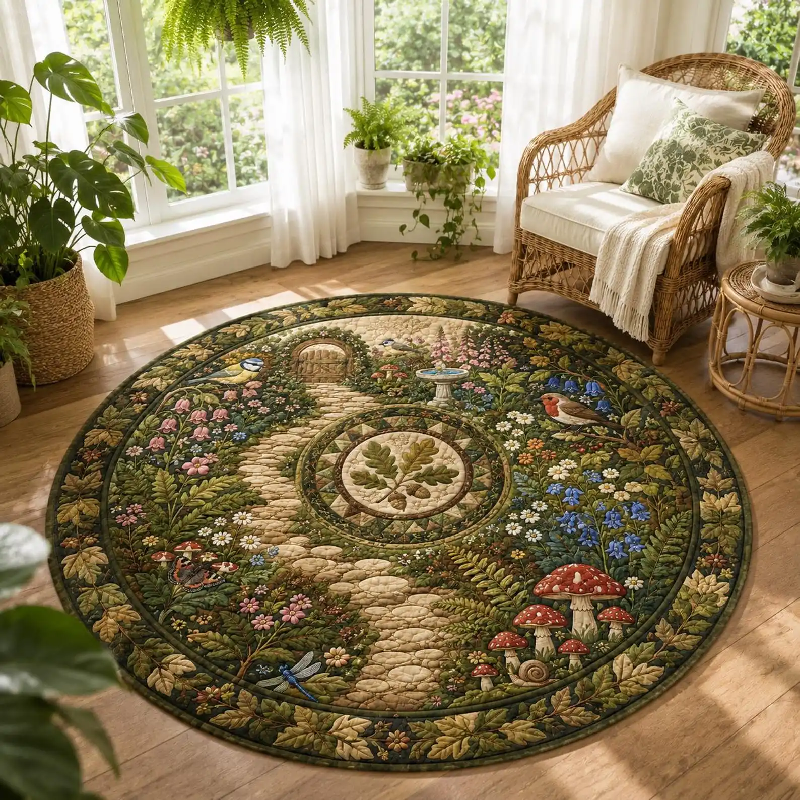 1PC mushroom bird plant pattern circular carpet, American pastoral style 2D flat printed carpet, home decoration, suitable for living room, bedside, bedroom, entrance Christmas floor mat