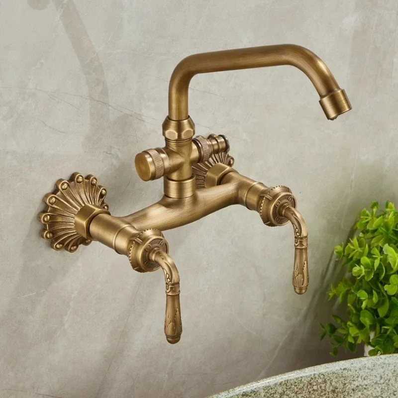 Brass Antique Wall Mounted Washbasin Faucets Double Handle Double Hole Rotatable Wall Mounted Retro Hot and Cold Faucet